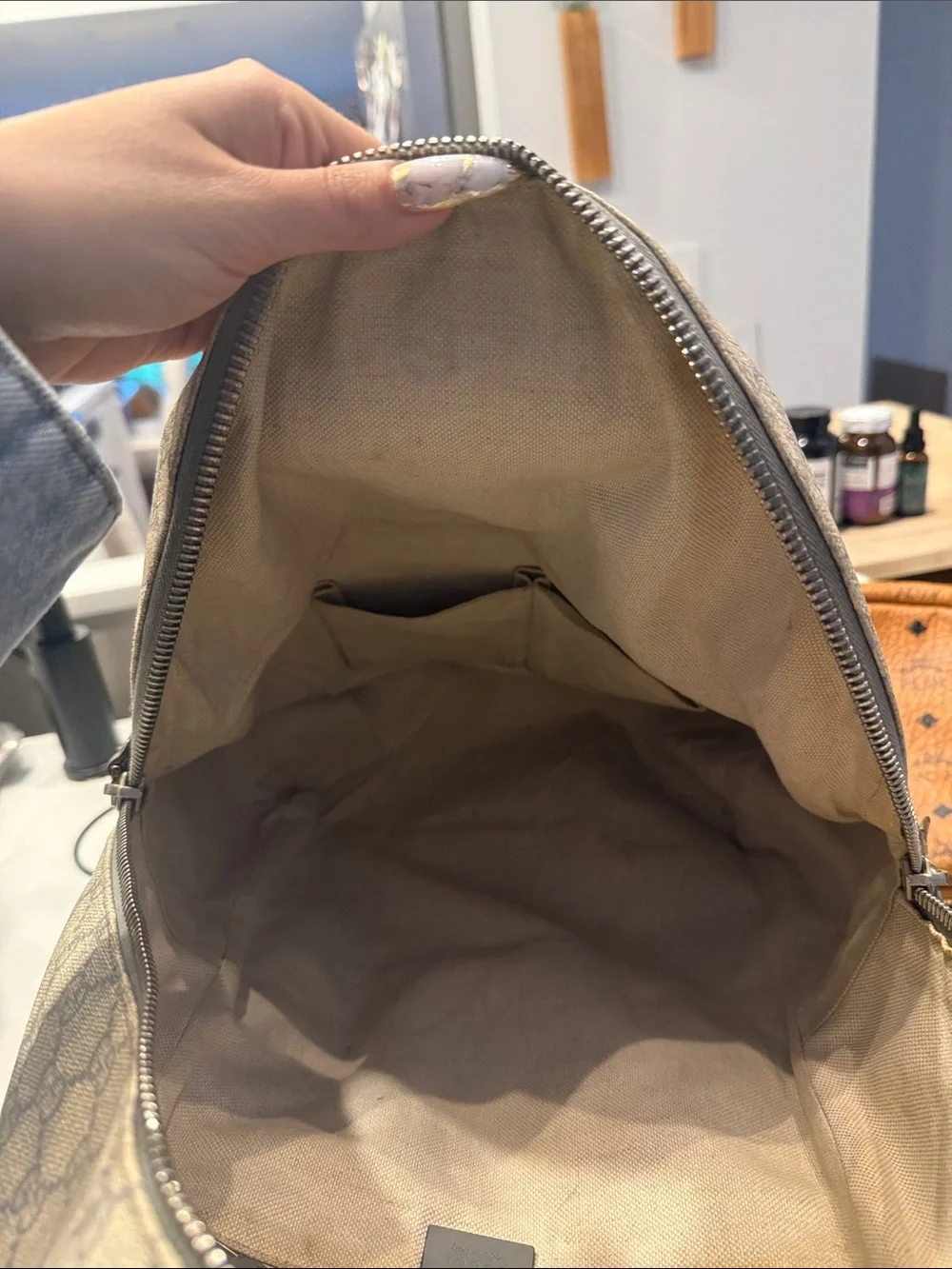 Gucci Beige GG Supreme Canvas Backpack with Gray Leather Trim
